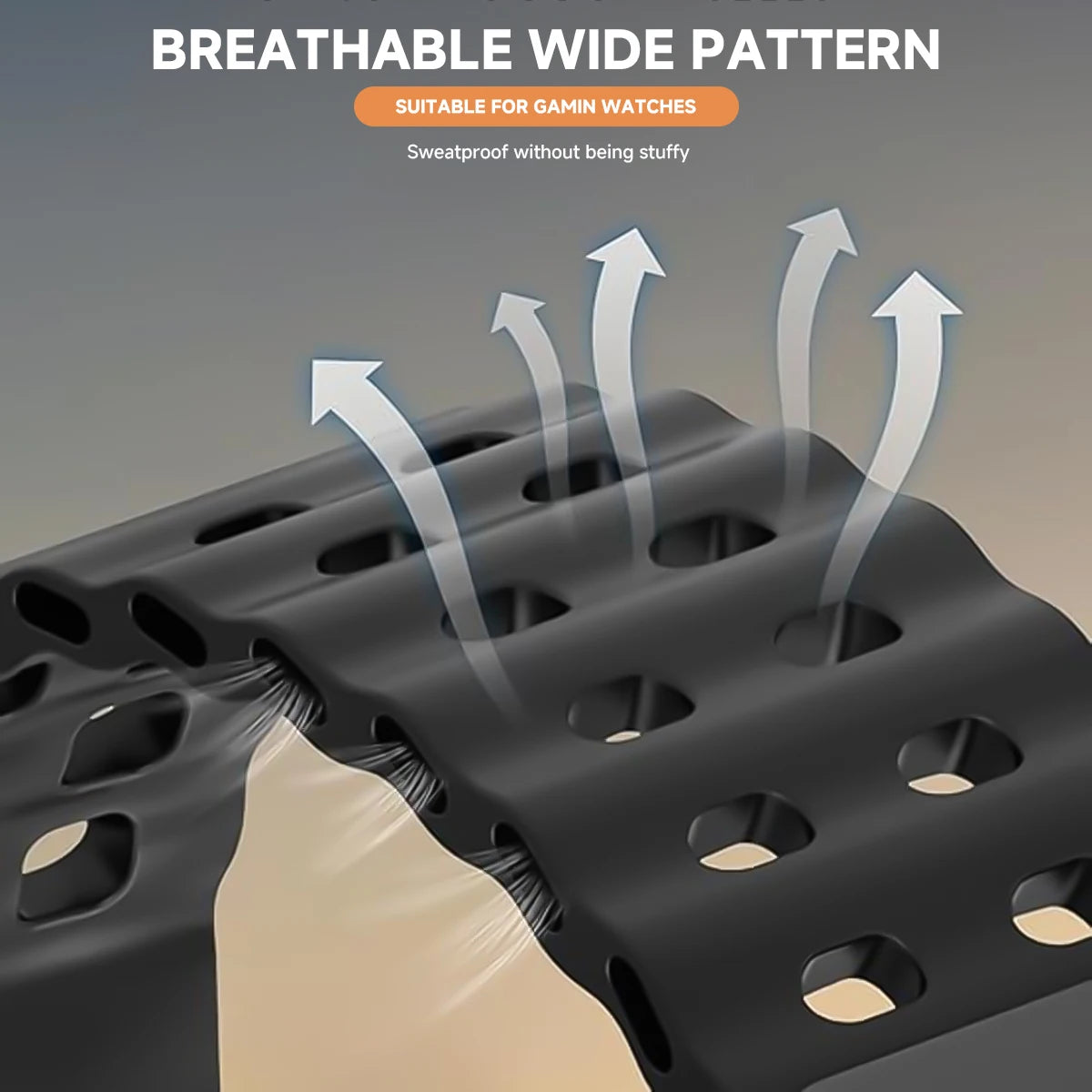 Black breathable wide pattern material with arrows indicating airflow, suitable for Garmin watches.