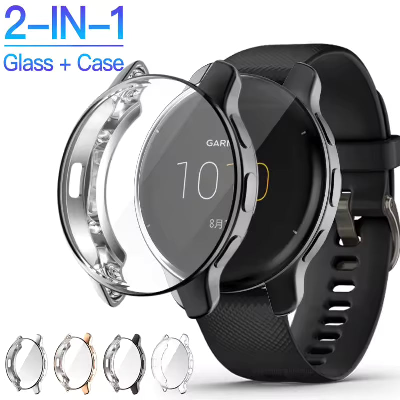 AXYON® Tempered Glass and PC Bumper Cases for Garmin Venu 3 smartwatch shown in multiple colors, displaying screen protector and side protection features.