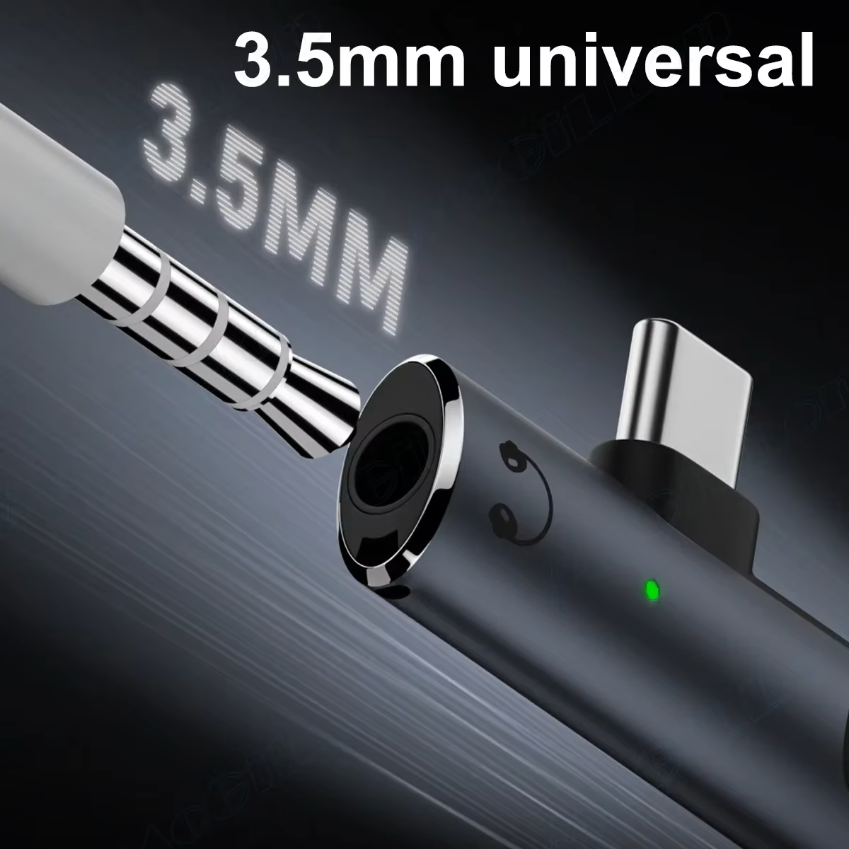 A 3.5mm universal adapter cable shown close-up against a dark background, with white text reading '3.