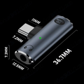 A metallic gray audio adapter dongle with a USB-C connector, shown on a black background with white dimension labels indicating 36.7mm length, 12.