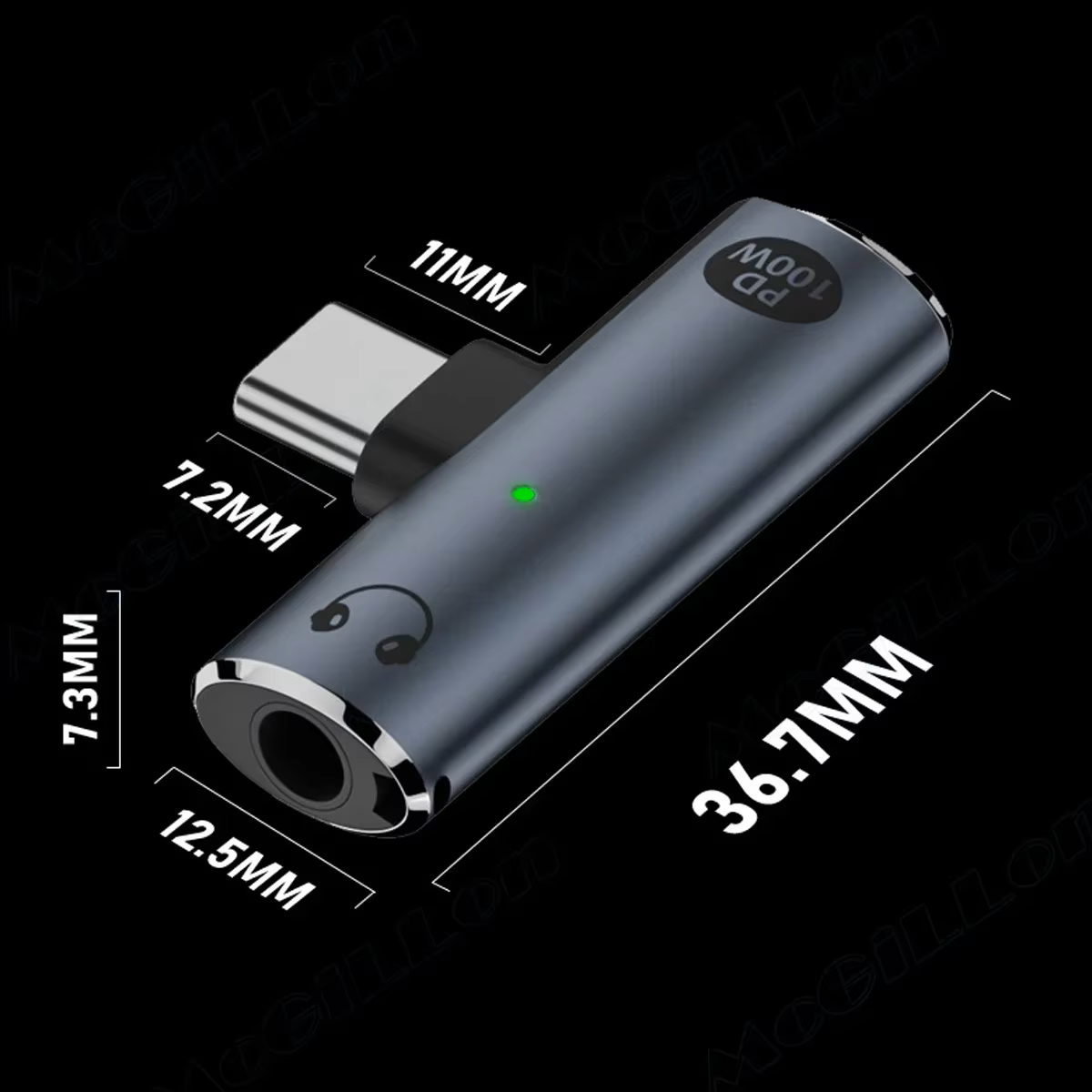 A metallic gray audio adapter dongle with a USB-C connector, shown on a black background with white dimension labels indicating 36.7mm length, 12.