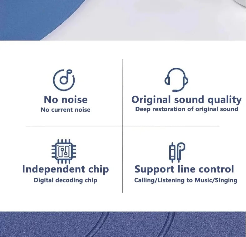 Product features with icons and text on a white and blue background