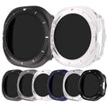 Set of black lens filters with various cases on a white background