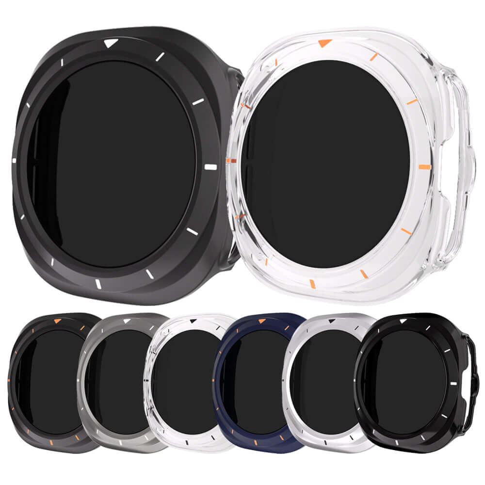 Set of black lens filters with various cases on a white background