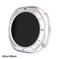 Silver and black circular product on a white background