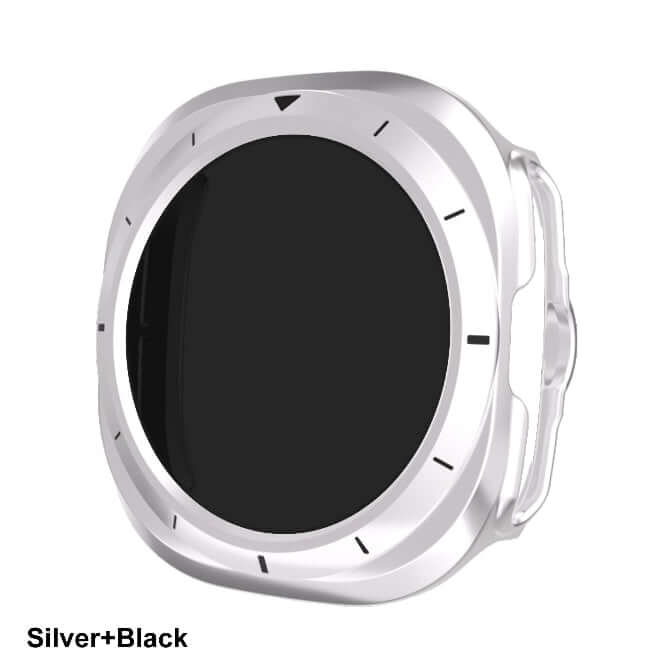 Silver and black circular product on a white background