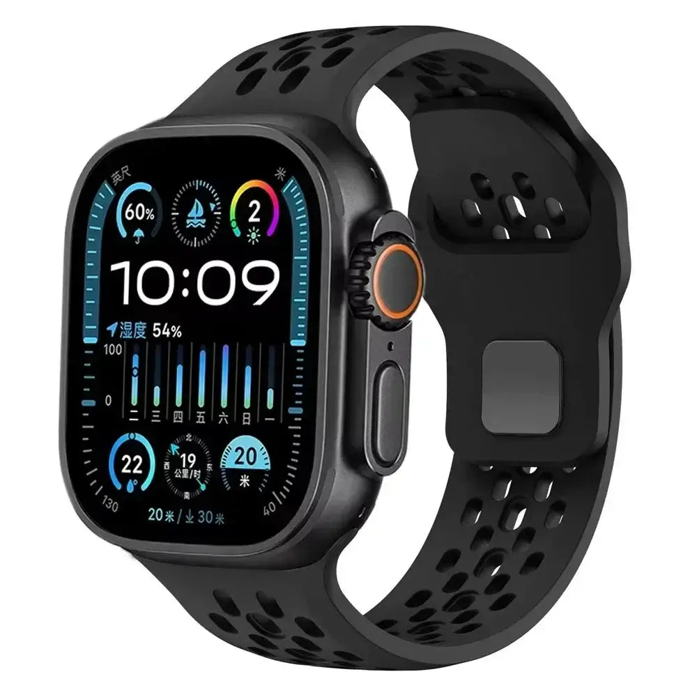 Smartwatch with a black perforated band on a white background
