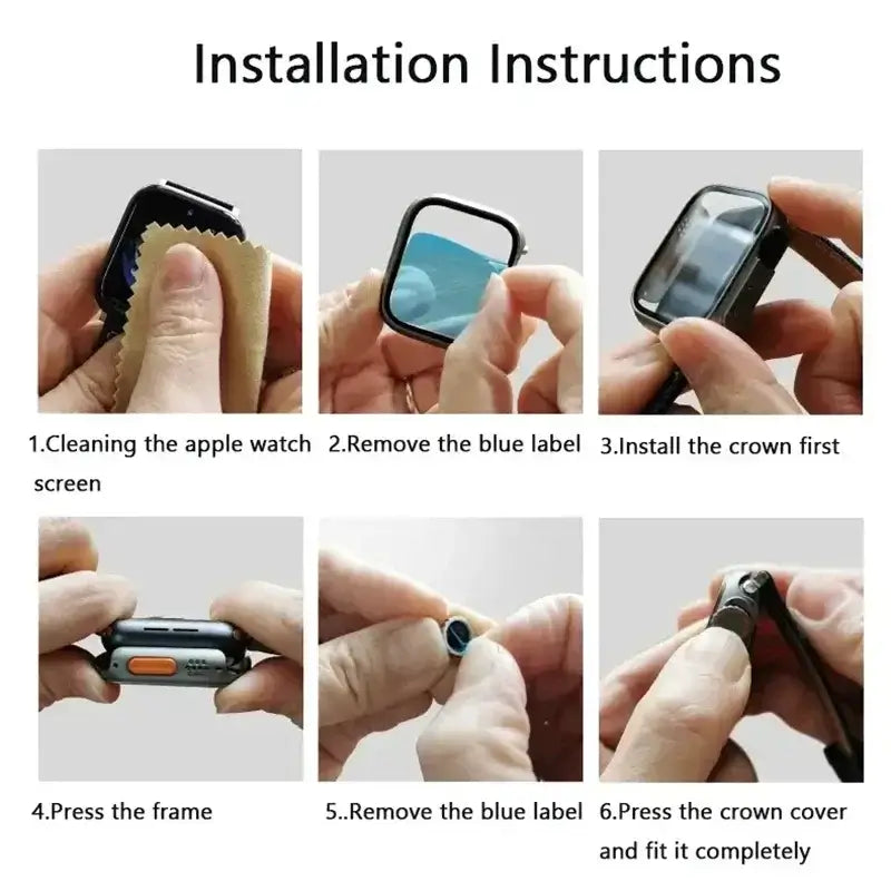 Step-by-step installation instructions for an Apple Watch on a white background