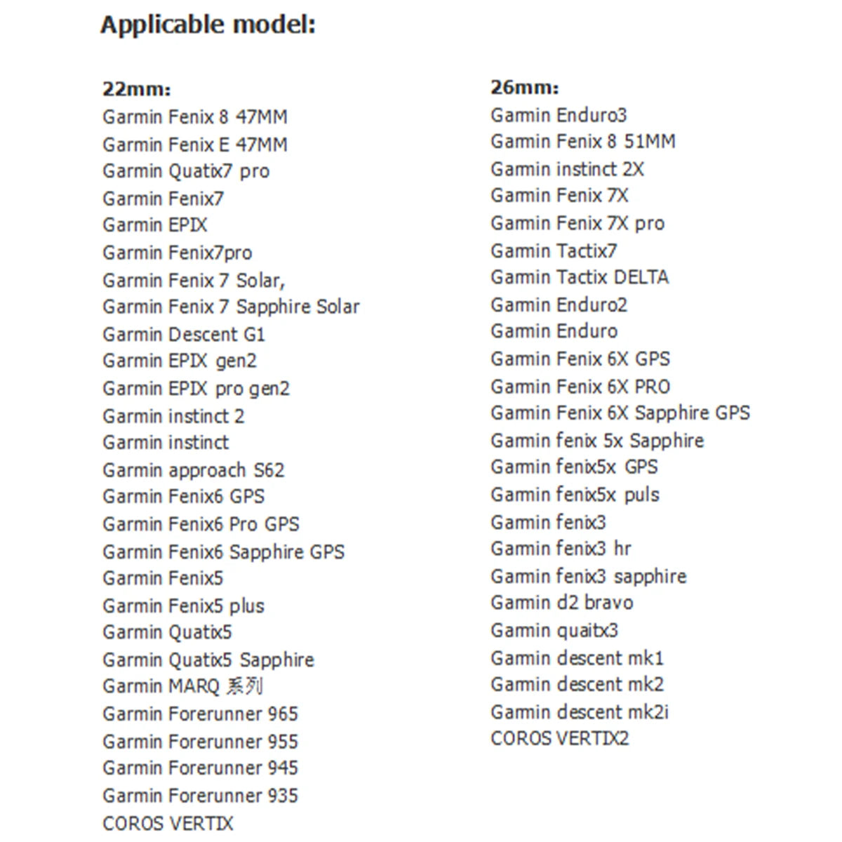 List of Garmin GPS devices with model names on a white background