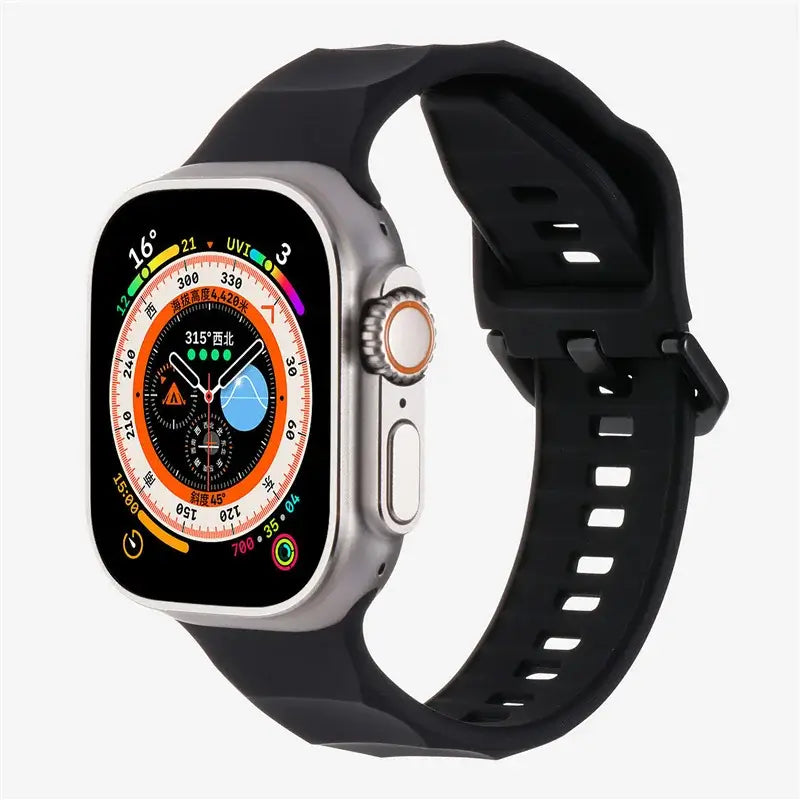 AXYON Wave silicone sport band in black for Apple Watch 38mm - 49 mm classic, sweat‑resistant, and secure buckle closure.