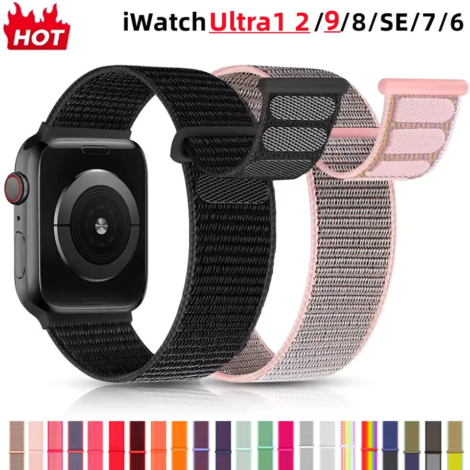 Smartwatch with two different black and pink woven bands on a white background, with color swatches below.