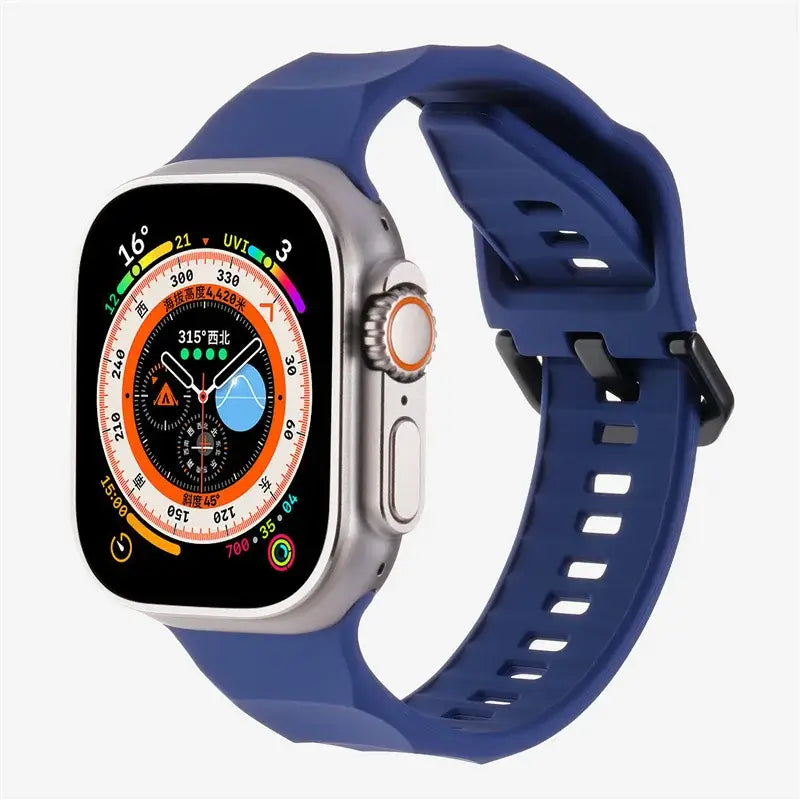 AXYON Wave silicone sport band in dark blue for Apple Watch 38mm - 49mm – rugged, breathable, and secure.