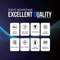 List of eight advantages with icons and text on a dark blue background