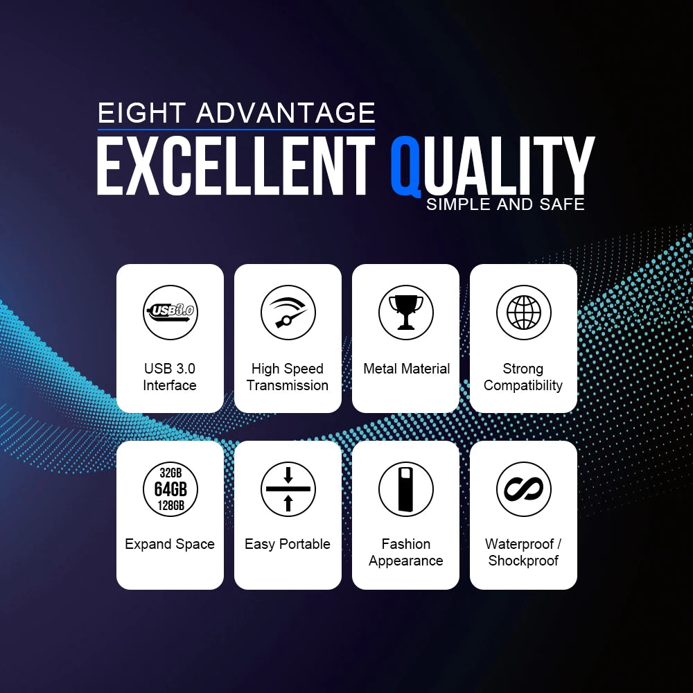 List of eight advantages with icons and text on a dark blue background
