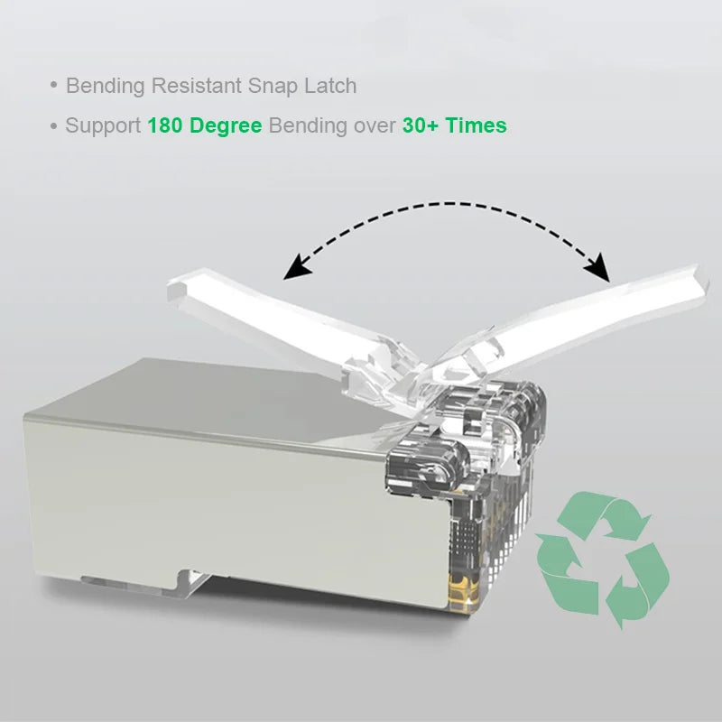 AXYON Cat6 shielded FTP connector demonstrating bending resistant snap latch design supporting 180 degree bending over 30+ times with eco-friendly recyclable materials