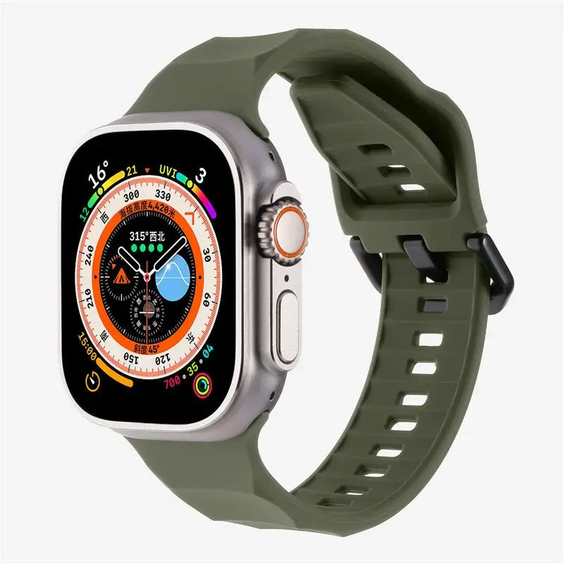AXYON Wave silicone sport band in dark night green for Apple Watch 38mm - 49mm – rugged, breathable, and secure.