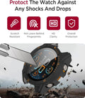 Smartwatch with protective screen film being scratched, featuring durability features on a gray background.
