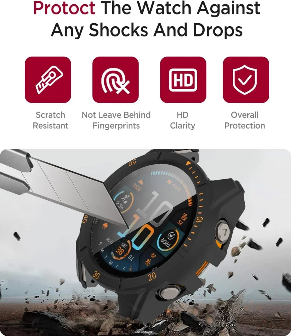 Smartwatch with protective screen film being scratched, featuring durability features on a gray background.