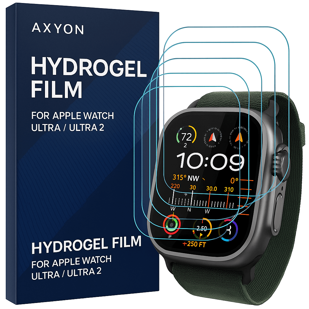 AXYON hydrogel film packaging for Apple Watch Ultra/Ultra 2 with a smartwatch display.