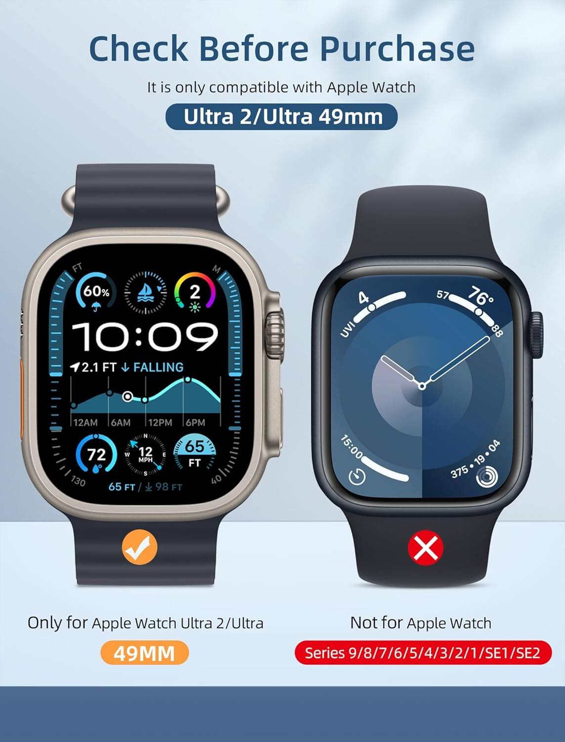 Two smartwatches displayed side by side with compatibility information on a blue gradient background.