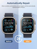 Smartwatch with scratch repair before and after effect on a blue background
