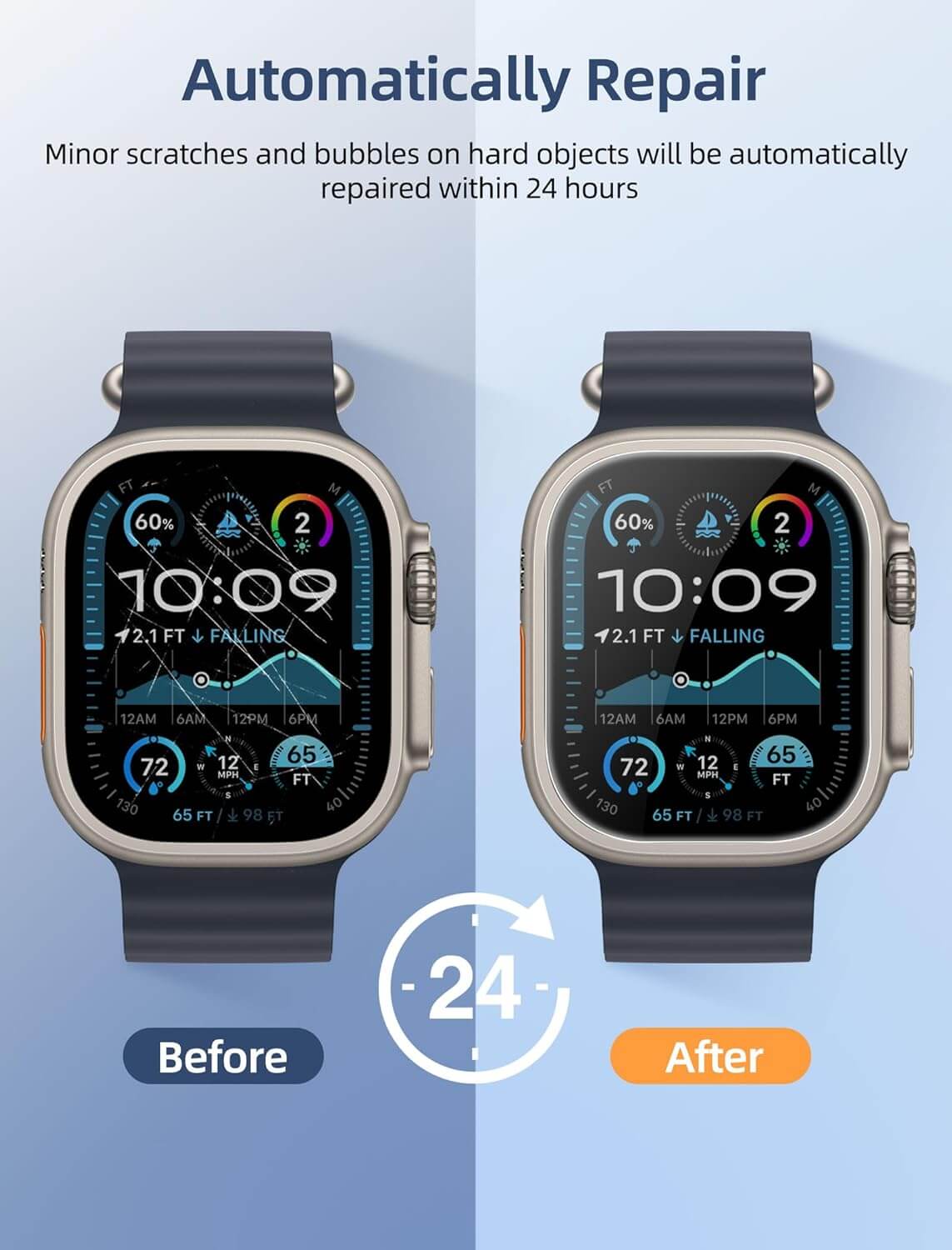 Smartwatch with scratch repair before and after effect on a blue background