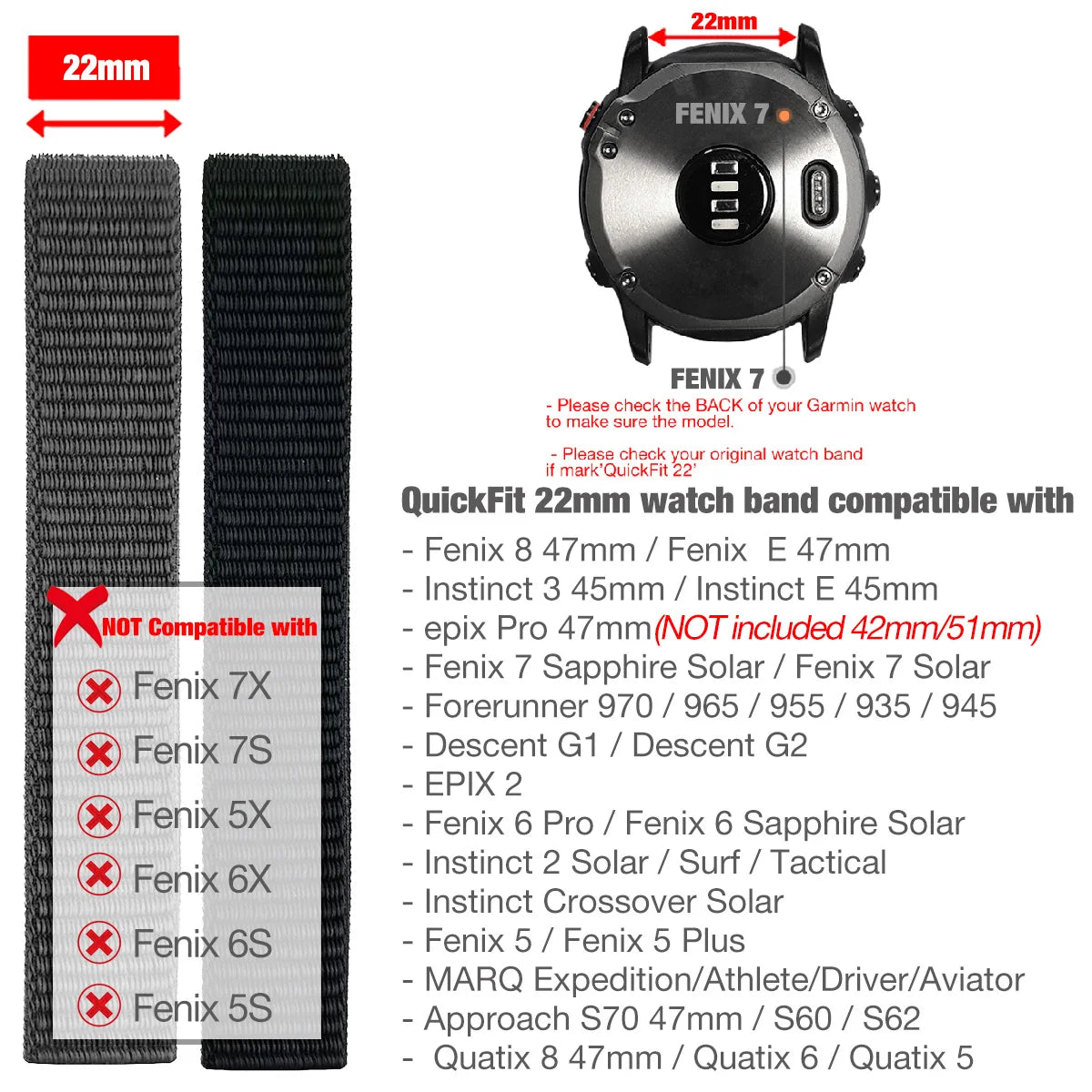 Black watch band compatible with Garmin Fenix 7 on a white background