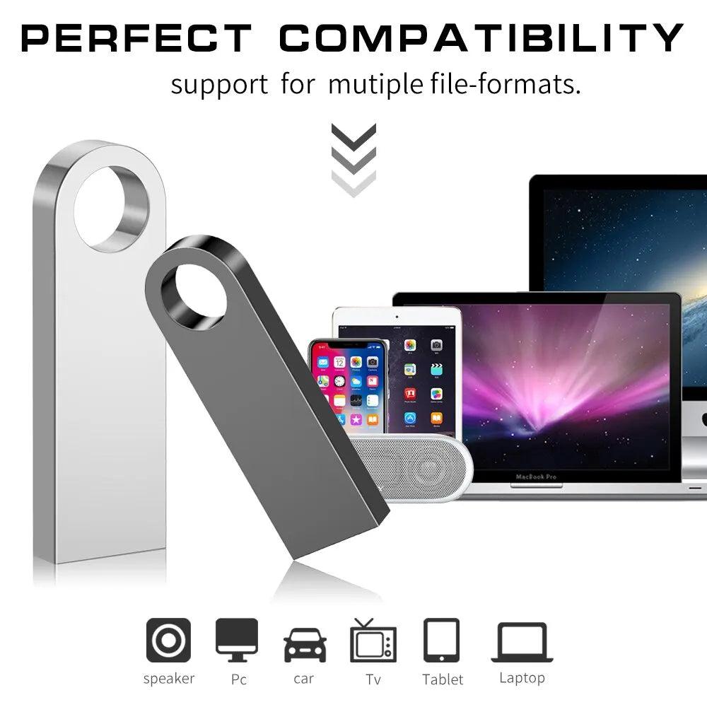 Metal USB drive with compatibility icons for various devices on a white background
