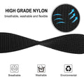 Black high-grade nylon strap with text and icons indicating breathability, washability, and environmental friendliness.