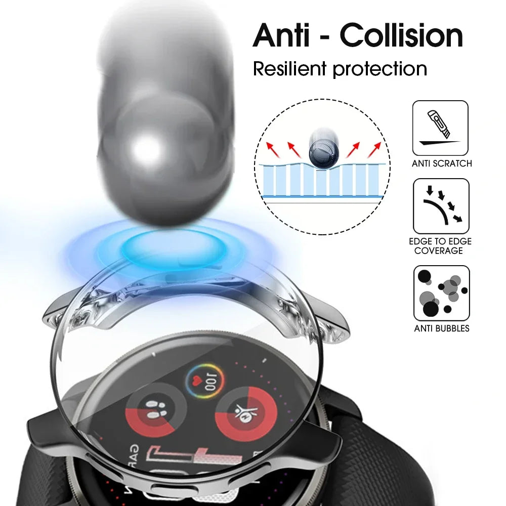 AXYON® Garmin Venu 3 tempered glass and PC bumper case illustrating anti-collision, scratch resistance, edge-to-edge coverage, and anti-bubble screen protection features.