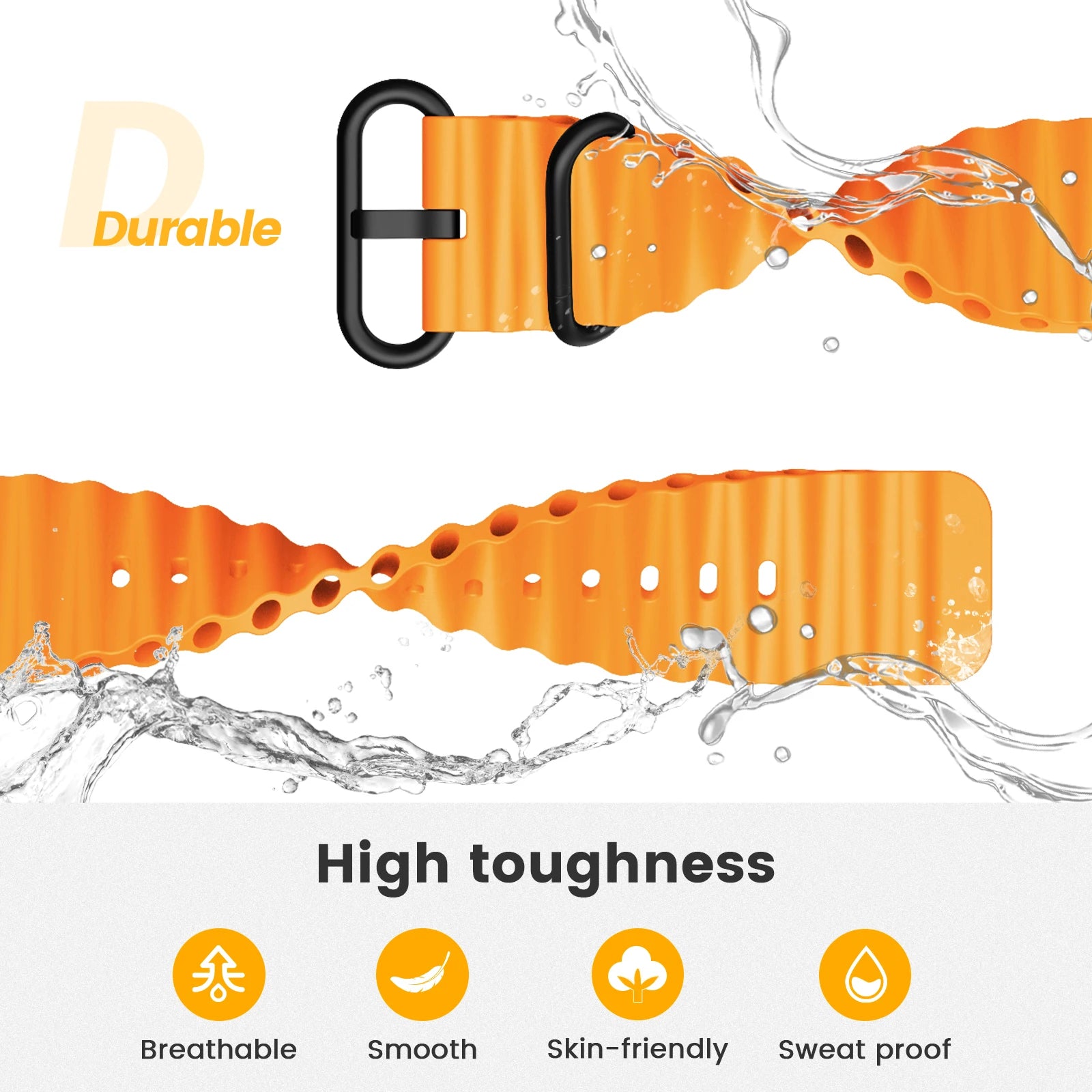 Orange belt with water splashes and 'Durable' branding on a white background