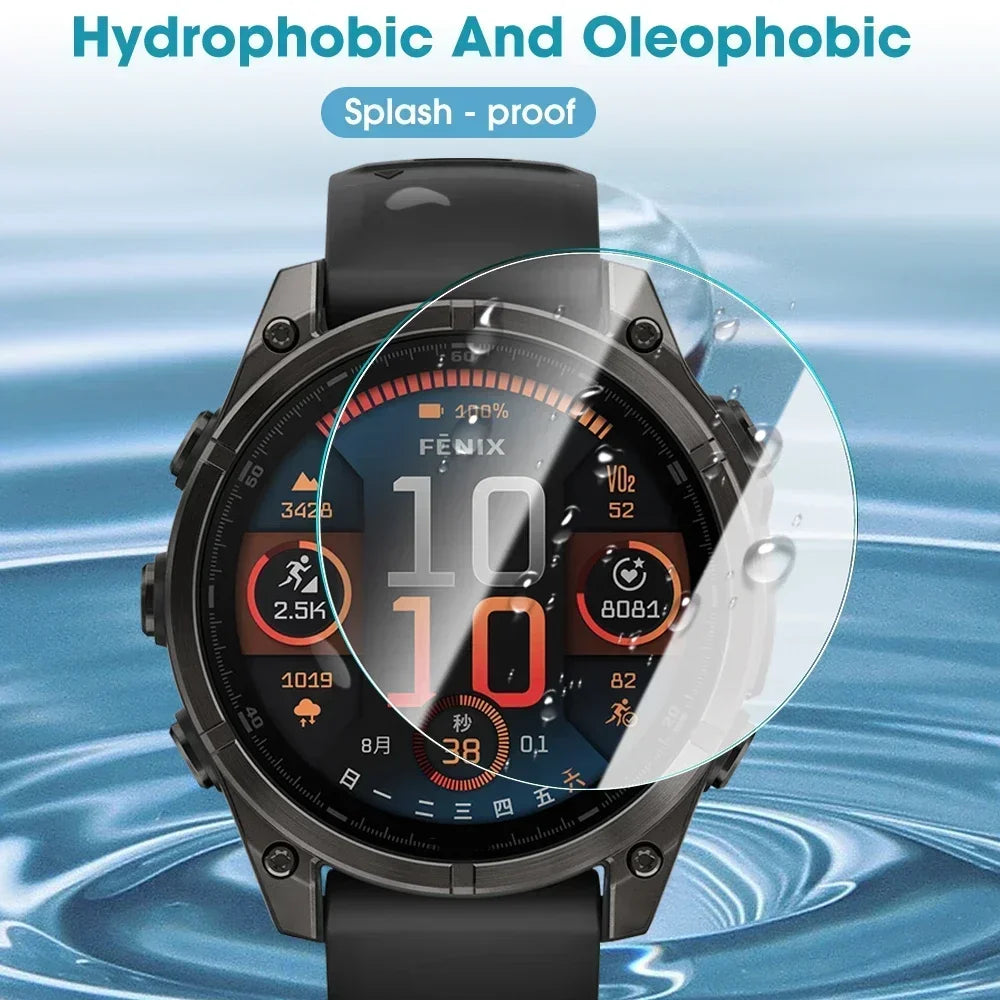 Smartwatch with a hydrophobic and oleophobic screen protector on a water background