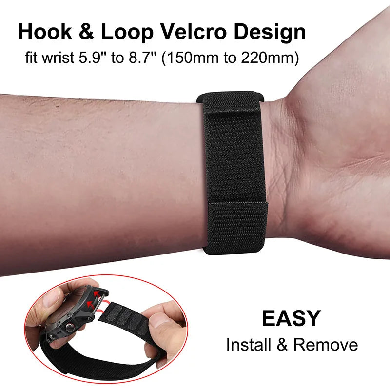 Black velcro strap on a wrist with text indicating size range and ease of installation.