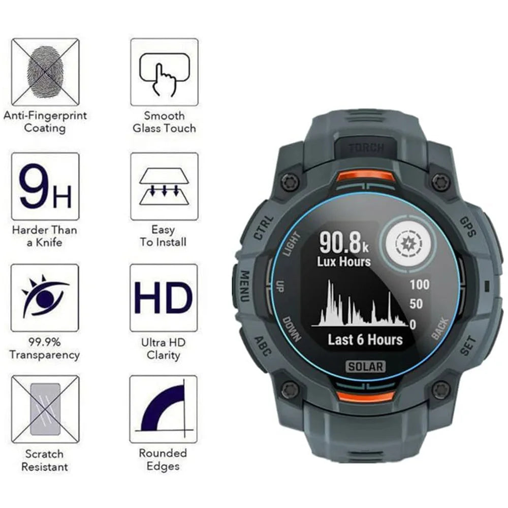Garmin Instinct 3 Tempered Glass Screen Protector – Showcase with 3 glass pieces, compatible with 45mm and 50mm AMOLED/Solar models