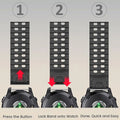 Step-by-step instructional image showing how to attach the AXYON® QuickFit Silicone Strap to a Garmin watch, with arrows and labels illustrating the tool-free, quick locking mechanism.