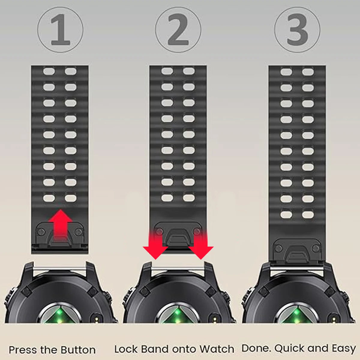Step-by-step instructional image showing how to attach the AXYON® QuickFit Silicone Strap to a Garmin watch, with arrows and labels illustrating the tool-free, quick locking mechanism.