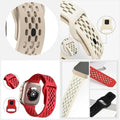 Collage of different watch bands in beige, red, and black with close-up details on a white background.