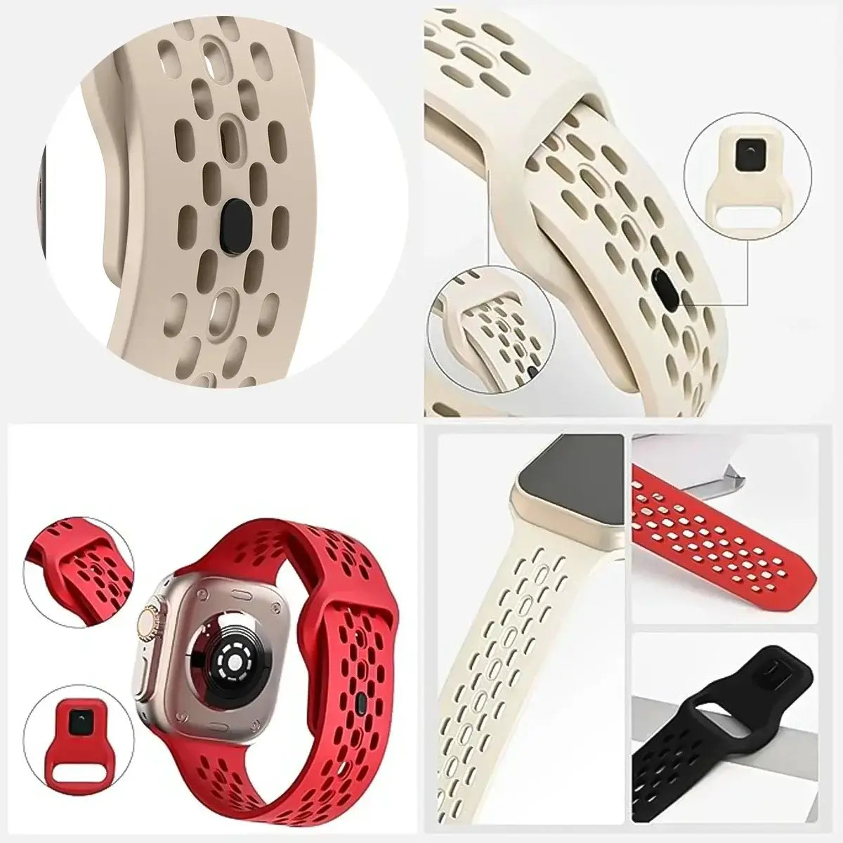 Collage of different watch bands in beige, red, and black with close-up details on a white background.