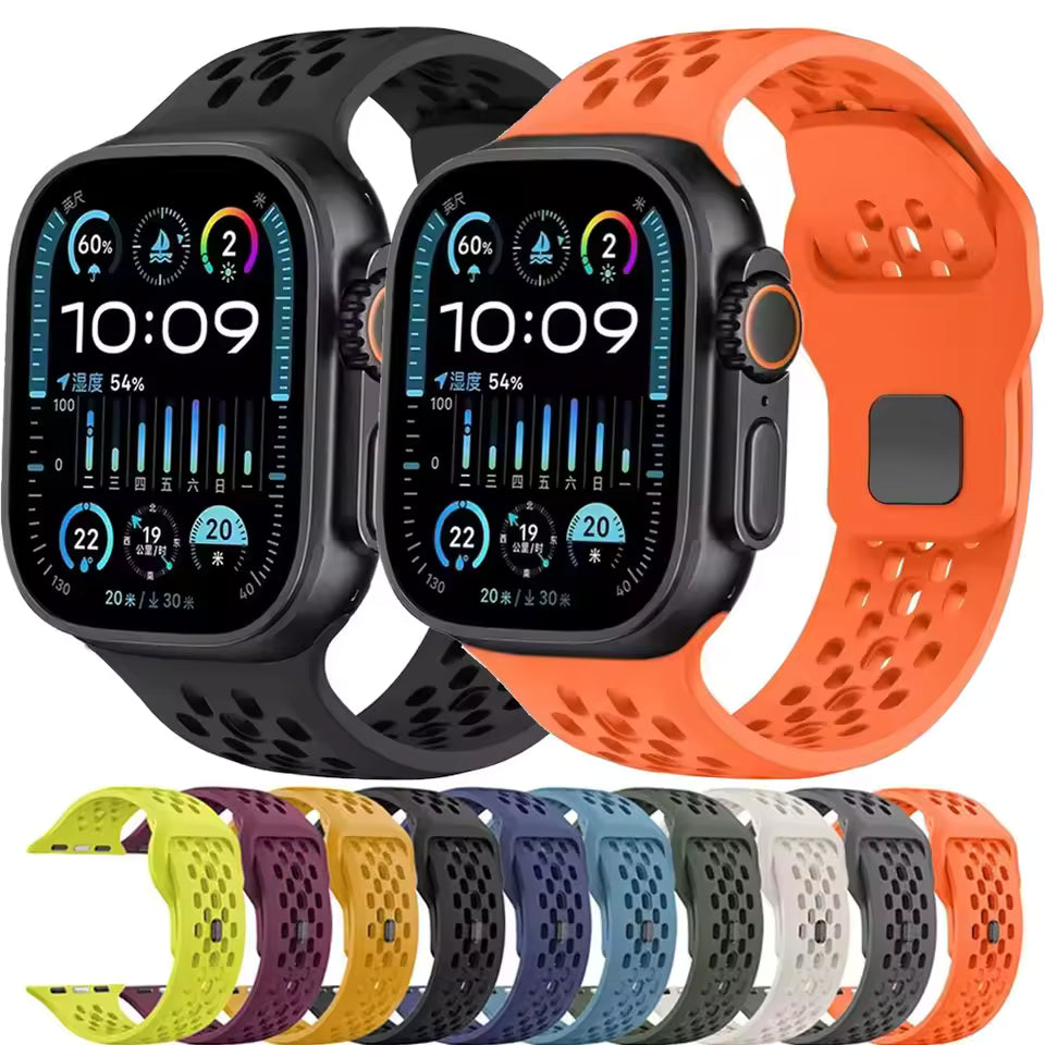 Smartwatch with orange band and additional bands displayed below on a white background