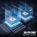 Illustration of a QC/PD chip on a circuit board with glowing effects.