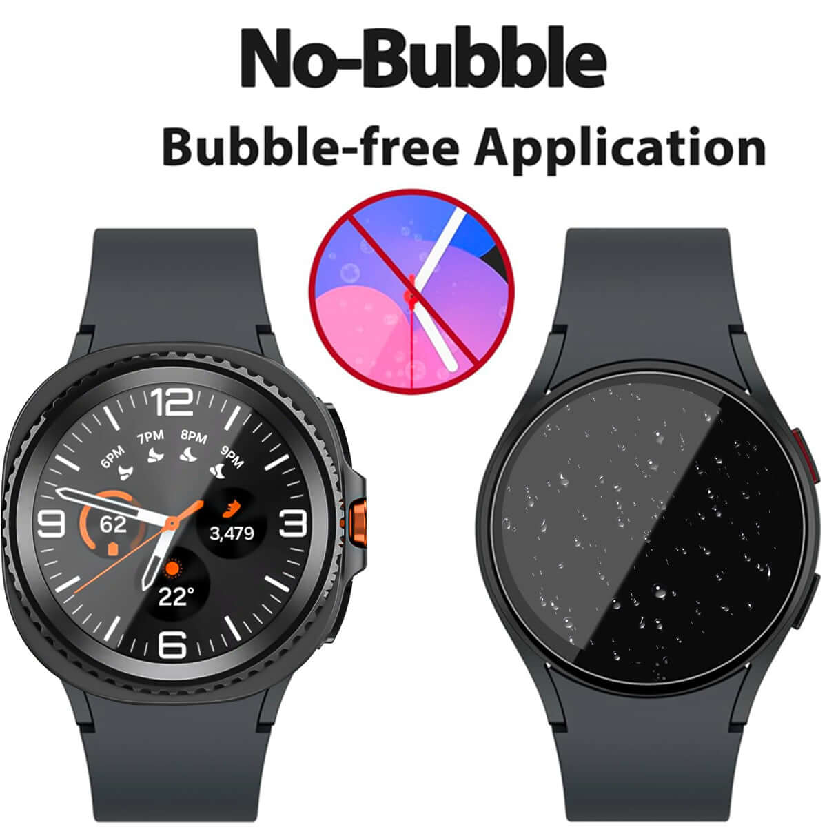 Smartwatch tempered glass screen protector and 'No-Bubble Bubble-free Application' text on a white background.-AXYON