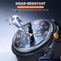 Smartwatch with water droplet effect and text 'Wear-Resistant' on a dark background- AXYON Poster