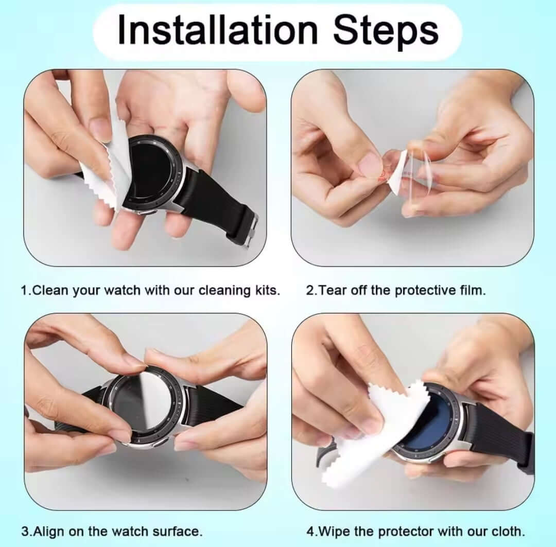 Step-by-step guide on how to install a 9h glass screen protector with images of hands performing each step.-AXYON