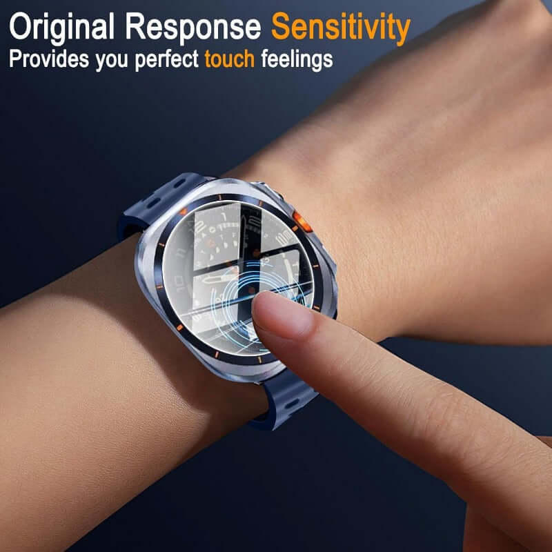 Smartwatch on a wrist with text highlighting 'Original Response Sensitivity' and 'Perfect touch feelings-AXYON