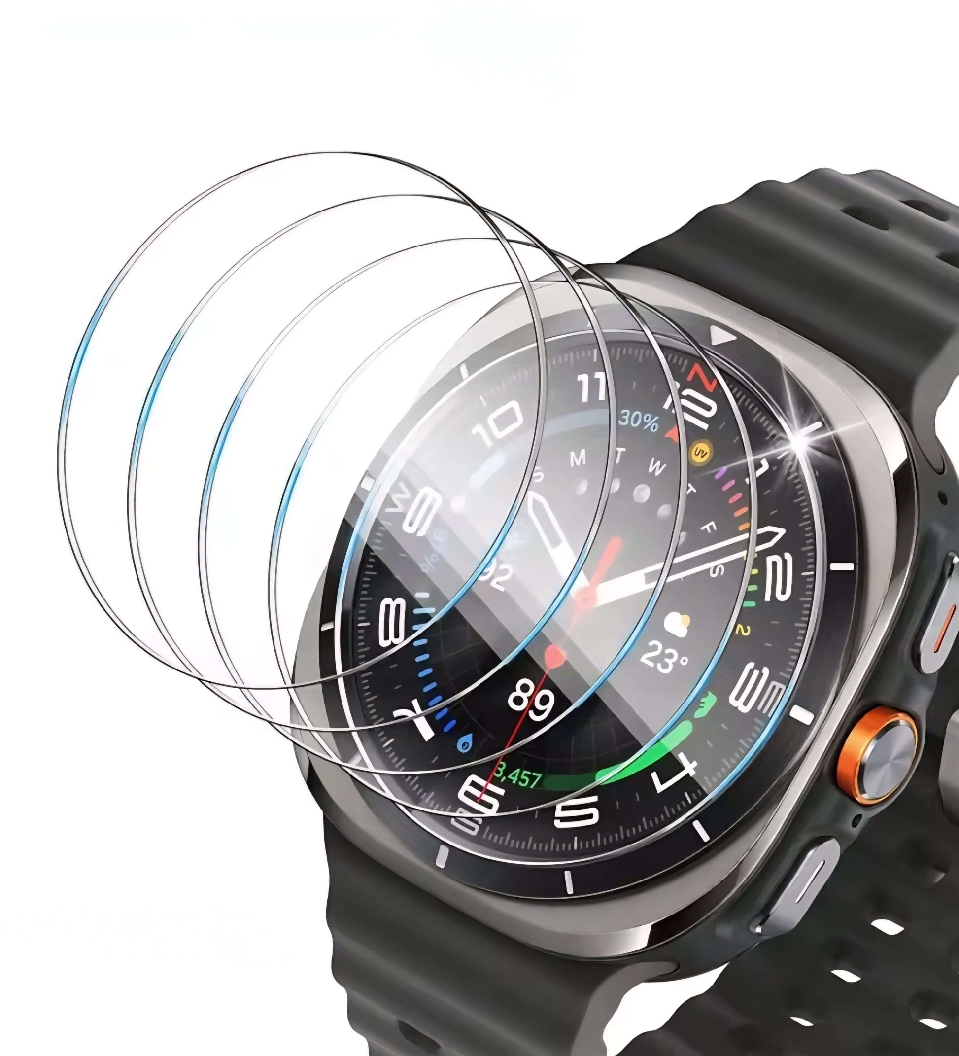 Smartwatch with multiple tempered glass screen protector on a white background- AXYON