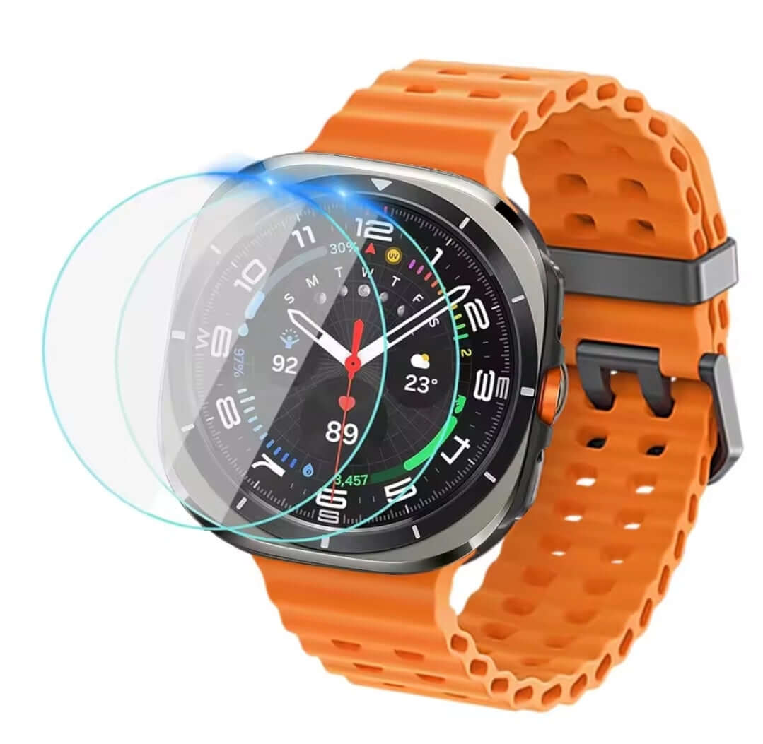 Smartwatch with an orange band and tempered glass screen protector on a white background-AXYON