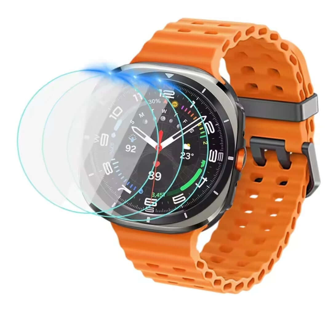 Smartwatch tempered glass screen protector with an orange band on a white background-AXYON