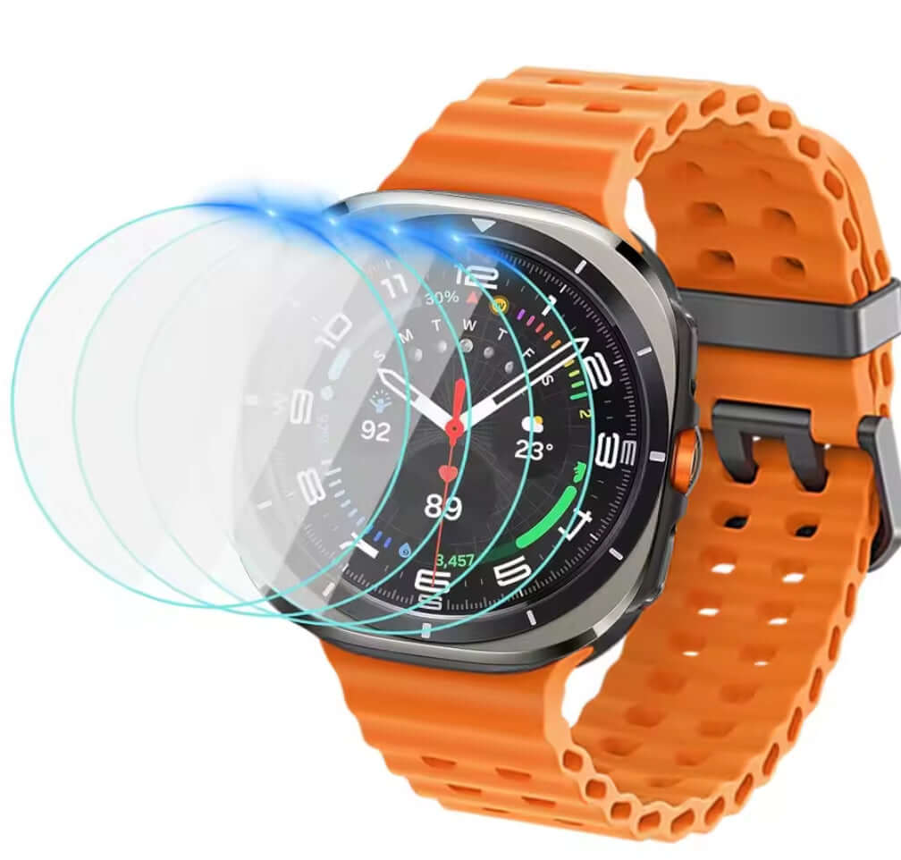 Smartwatch with an orange band and tempered glass screen protector on a white background-AXYON