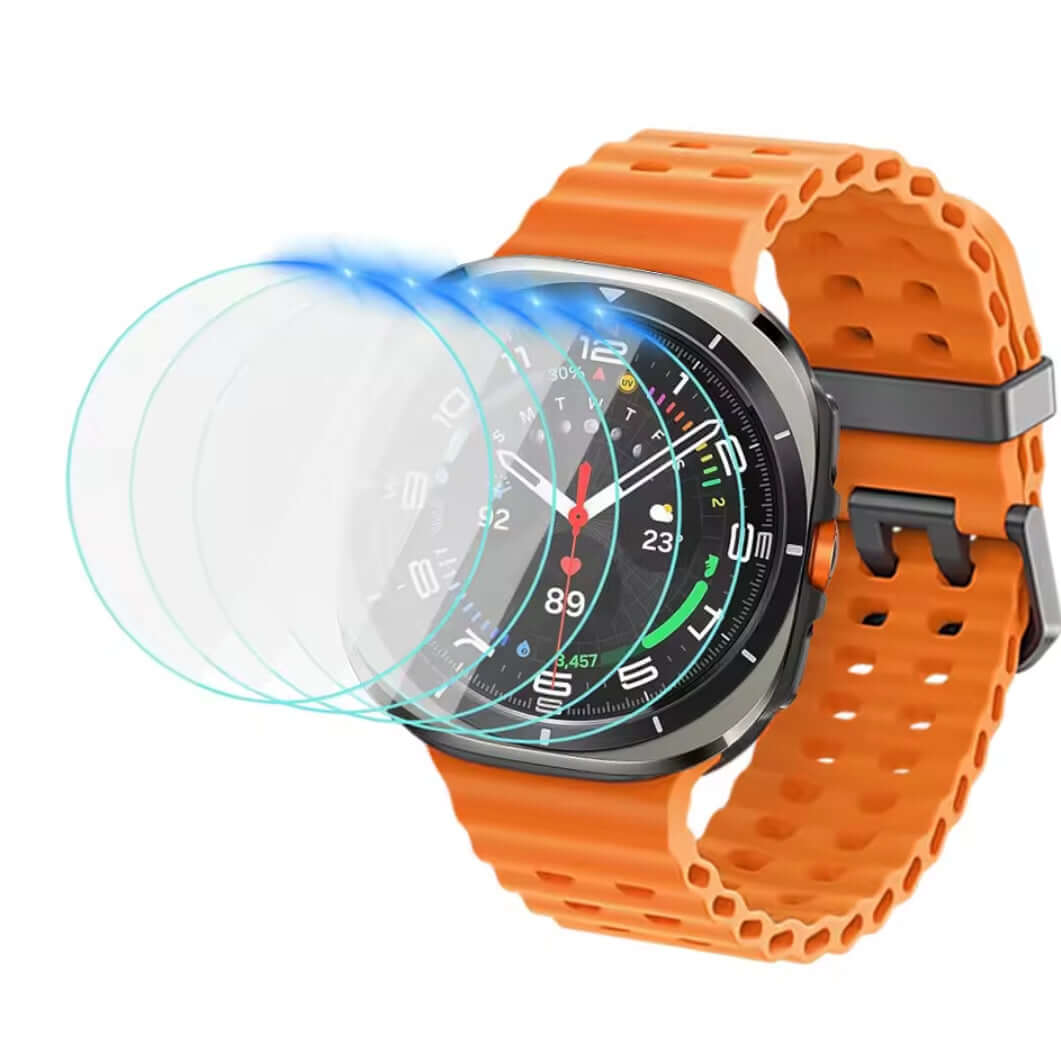 Smartwatch with an orange band and a tempered glass screen protector on a white background-AXYON