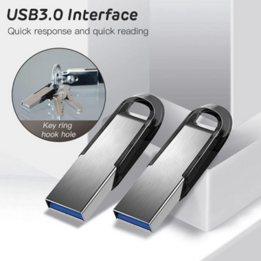 USB flash drive with key ring hook hole feature on a white background